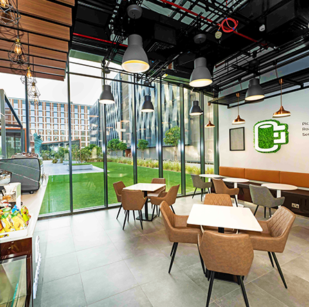 Cafe interior with garden-facing glazing, pendant lighting and timber tables