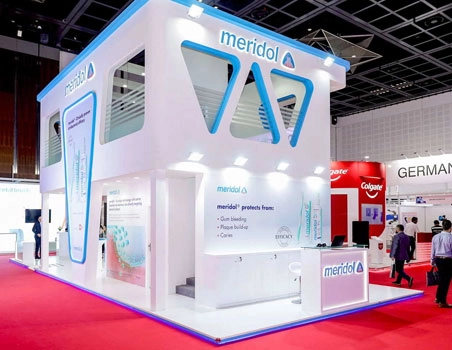Meridol oral care stand with double-height blue and white structure