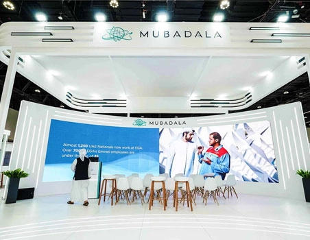 Mubadala exhibition stand with wide curved LED screen and tiered seating