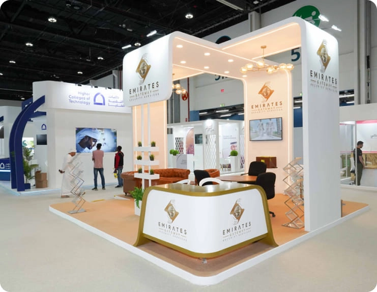 Emirates-branded exhibition stand with timber and gold detailing